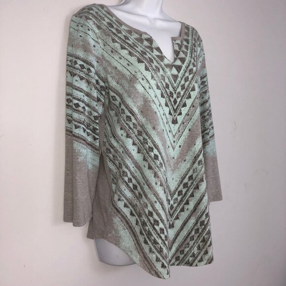 Lucky Brand Tunic Top Womens L Blue Gray Aztec Boho Bohemian India Long Sleeve - Picture 3 of 8